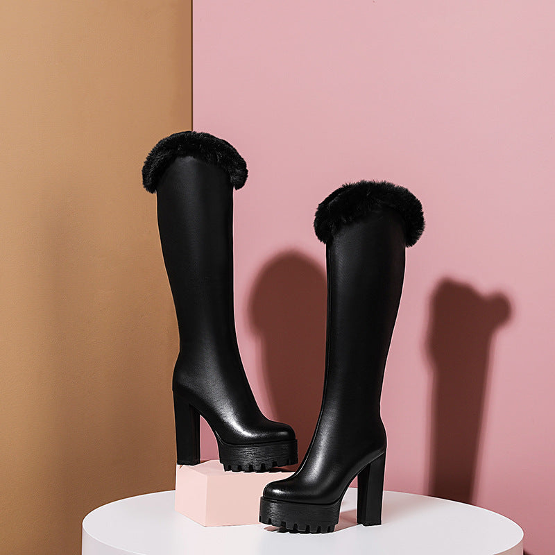 TRY THEM ON IN LIVE Black ultra-high heels and high boots for women, below the knee, knight boots for winter, plush cowhide boots for women, waterproof platform boots