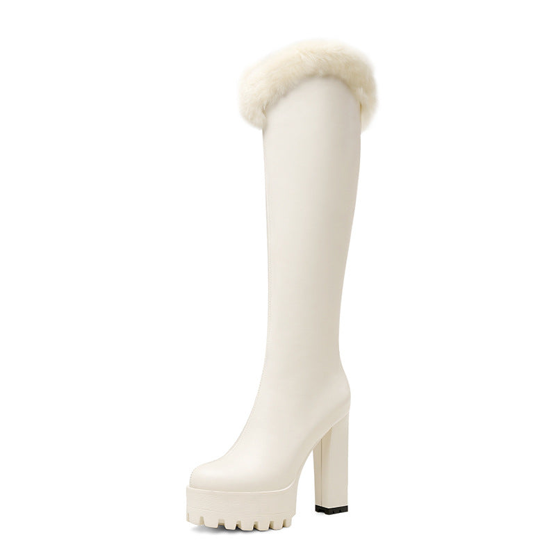 TRY THEM ON IN LIVE Black ultra-high heels and high boots for women, below the knee, knight boots for winter, plush cowhide boots for women, waterproof platform boots