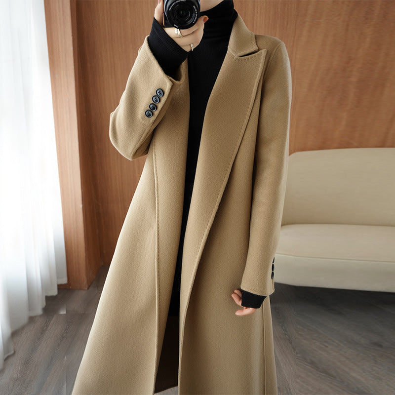 choosei-in-live Double sided woolen coat for women in autumn and winter 2023, new mid length Korean loose fitting bathrobe with lace up woolen coat