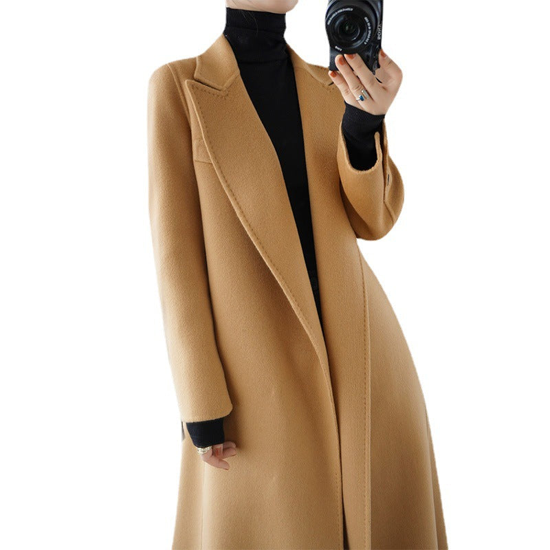 choosei-in-live Double sided woolen coat for women in autumn and winter 2023, new mid length Korean loose fitting bathrobe with lace up woolen coat