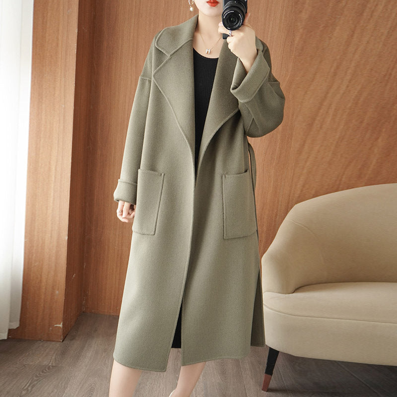 choosei-in-live Double sided woolen coat for women in autumn and winter 2023, new mid length Korean loose fitting bathrobe with lace up woolen coat