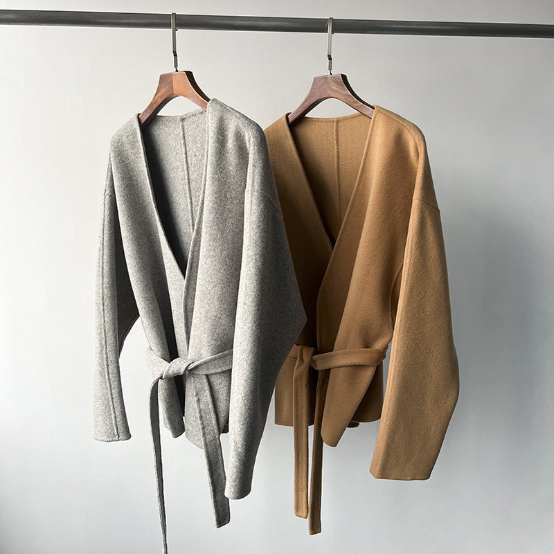 choose-in-live Autumn and winter V-neck belt short double-sided woolen coat, heavyweight wool cashmere high-class buttonless woolen coat for women