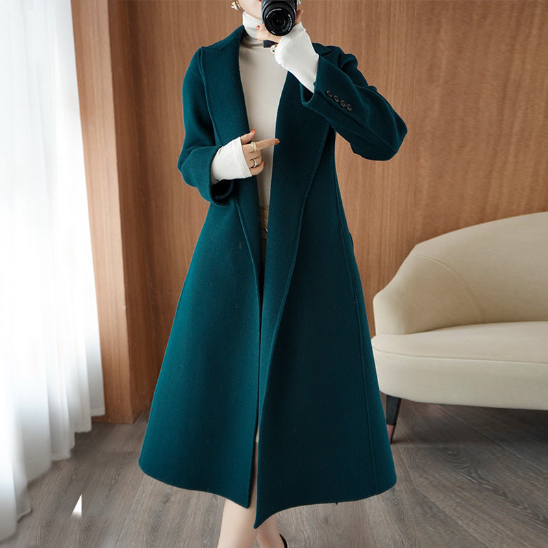 choosei-in-live  Double sided woolen coat for women in autumn and winter 2023, new mid length Korean loose fitting bathrobe with lace up woolen coat