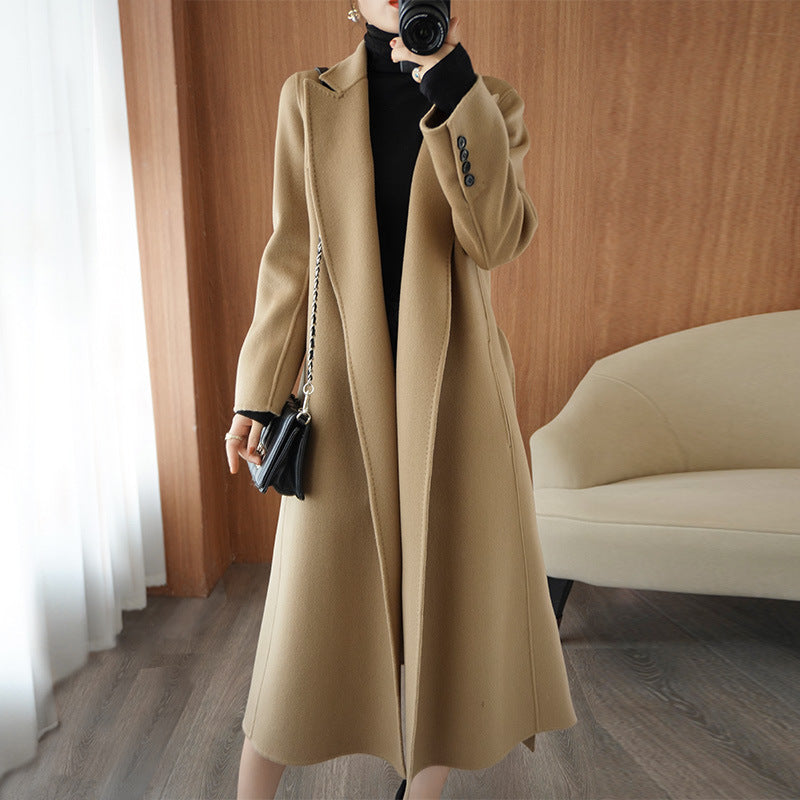 choosei-in-live Double sided woolen coat for women in autumn and winter 2023, new mid length Korean loose fitting bathrobe with lace up woolen coat