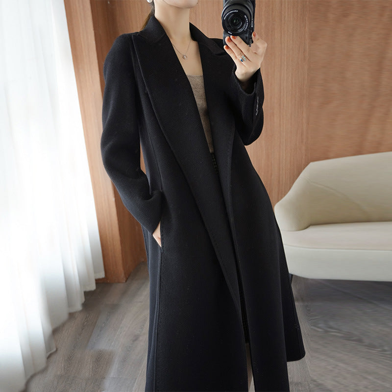 choosei-in-live Double sided woolen coat for women in autumn and winter 2023, new mid length Korean loose fitting bathrobe with lace up woolen coat