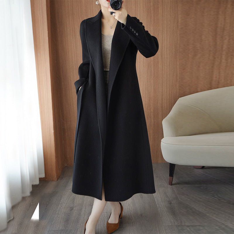 choosei-in-live Double sided woolen coat for women in autumn and winter 2023, new mid length Korean loose fitting bathrobe with lace up woolen coat