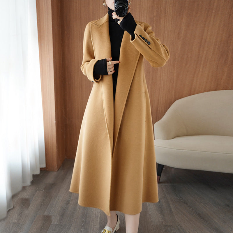 choosei-in-live Double sided woolen coat for women in autumn and winter 2023, new mid length Korean loose fitting bathrobe with lace up woolen coat